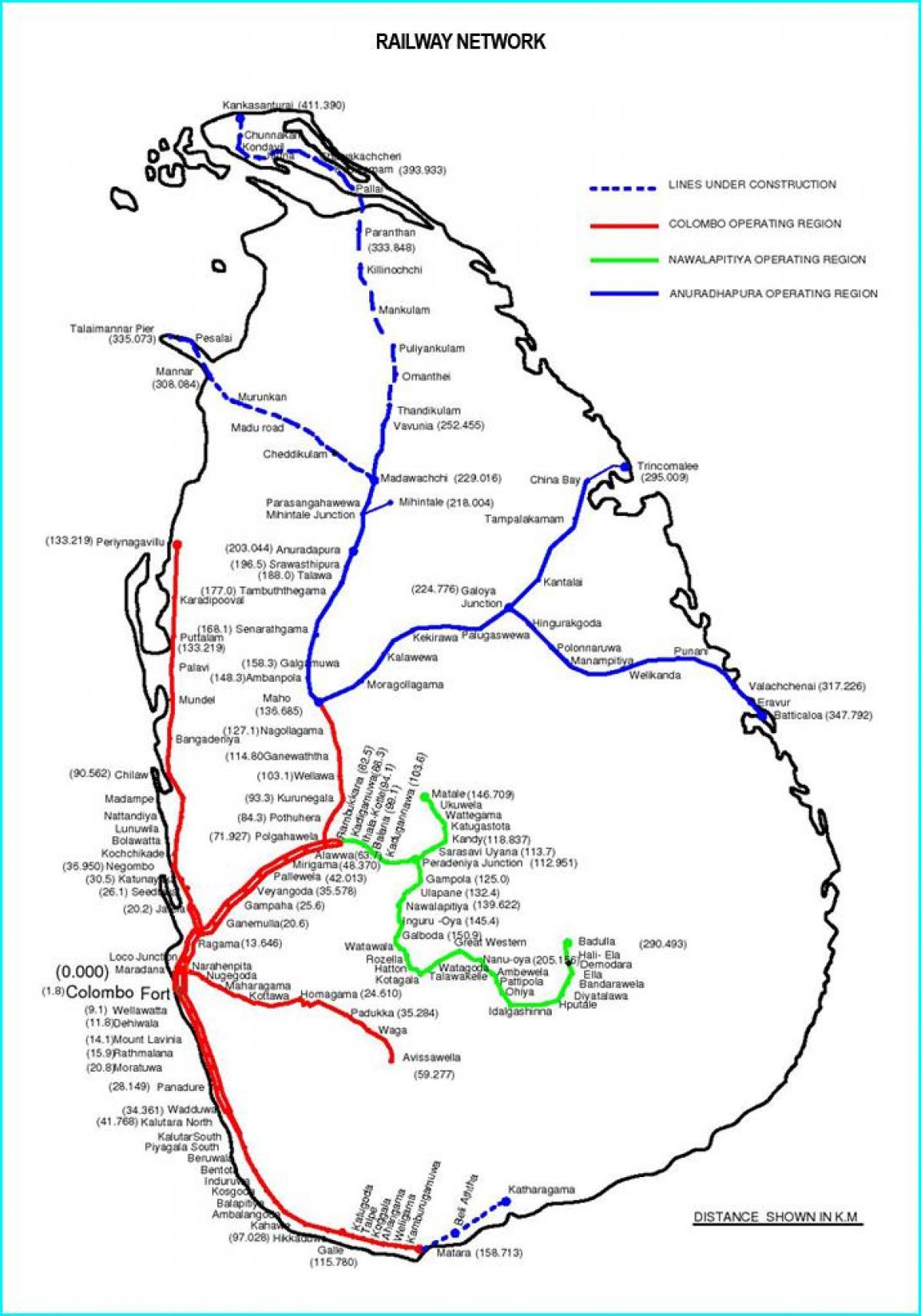 Sri Lanka mtandao wa reli ramani