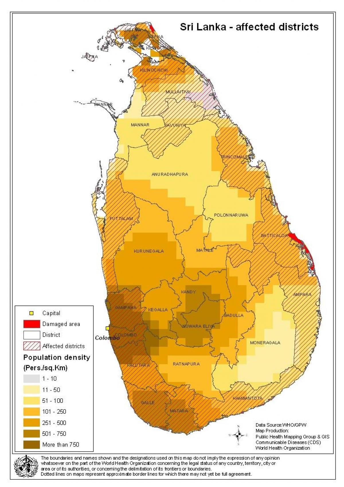 ramani ya Sri Lanka wiani idadi ya watu