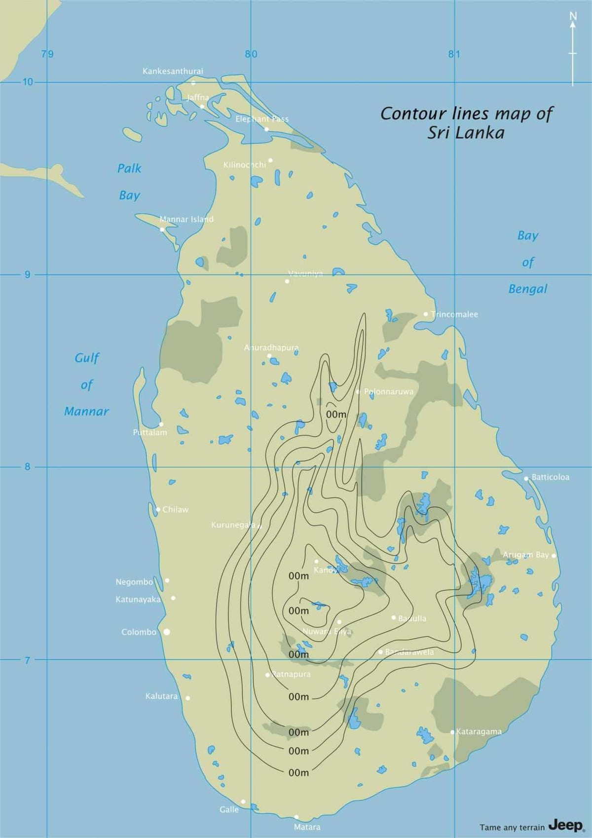 ramani ya contour ramani ya Sri Lanka