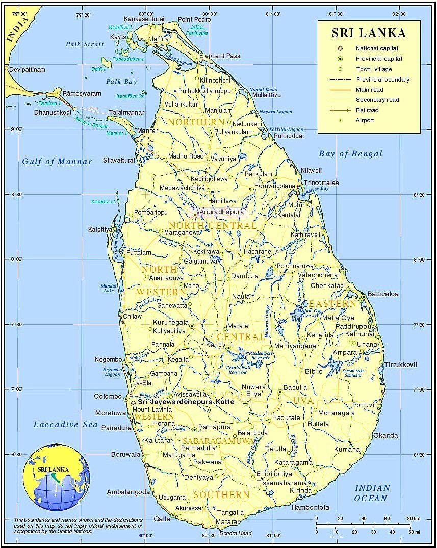 ramani ya Sri Lanka maeneo ya kihistoria