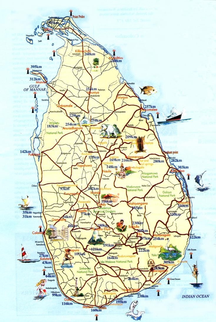 Sri Lanka maeneo ya kutembelea ramani